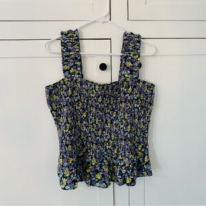 LC Lauren Conrad Navy Blue Ditsy Floral Smocked Square Neck Top Size XXL